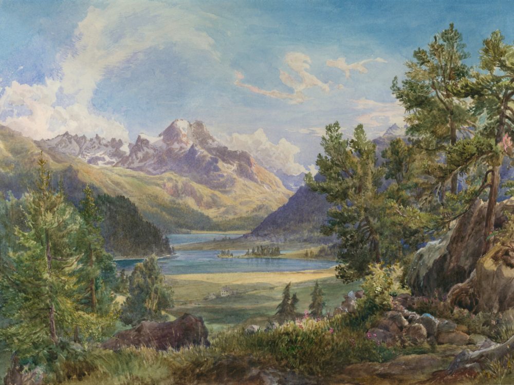 Amberg-Art.com unbekannter Maler Aquarell Silsersee Piz da la Margna Engadin Schweiz ca. 1877 (c) Joe Amberg
